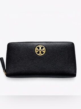 TORY BURCH Carson Wallet Zip Continental Pebble Leather, Black